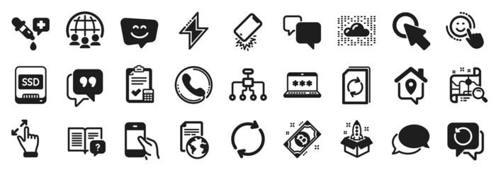 Set of Technology icons, such as Work home, Update document, Translation service icons. Restructuring, Call center, Cloud system signs. Smile, Startup, Hold smartphone. Ssd, Click here. Vector