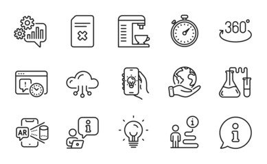 Technology icons set. Included icon as Energy, Full rotation, Augmented reality signs. Chemistry lab, Coffee machine, Electric app symbols. Delete file, Timer, Project deadline. Cogwheel. Vector