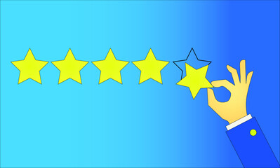 Star rating illustration. The hand puts five stars. Flat vector. Business and finance concept.