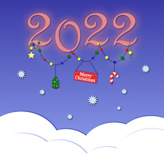 Merry christmas greeting card in style paper cut. happy new year 2022. Merry christmas and new home on blue background.