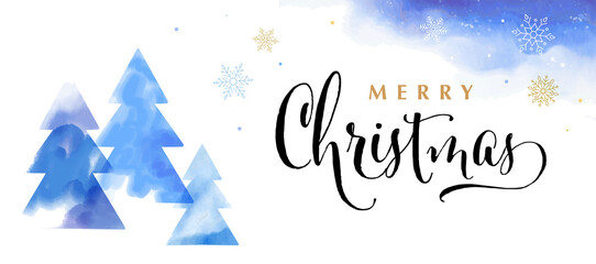 Merry Christmas blue background with Christmas trees. Collection of Vector watercolor lettering design with elegant illustration