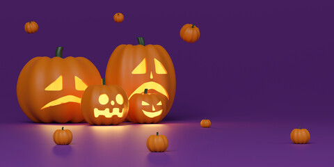 3d rendering carved pumpkins on purple background.