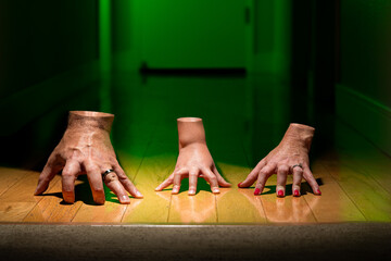Family of Chopped Off Severed Thing Hands Walking in Hallway with Green Light and Wedding Rings...