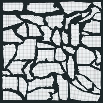 Vector Collection Of Isolated Torn Gridded Notebook Paper With Ragged Edges. Set Of White Pieces Copybook Papers Ripped Out And Sheets Of Square With Cell. Creative Elements For Collage Design. 