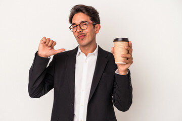 Young mixed race business man holding take away coffee  isolated on white background feels proud and self confident, example to follow.