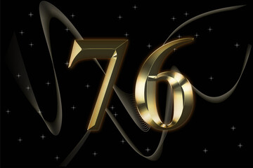 Golden luxury number 76 isolated on black background with gold accents.