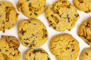 chocolate chip peanut butter cookies with pretzel sticks