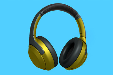 3D rendering of yellow gaming headphones for cloud gaming and streaming on blue