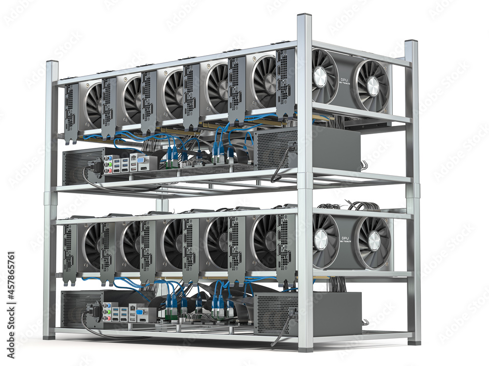 Poster Mining farm from graphics cards GPU standing in a row isolated on white .