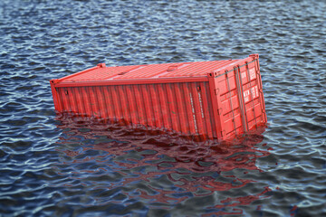 Shipping cargo container lost in the sea or ocean. Cargo isurance concept. - obrazy, fototapety, plakaty