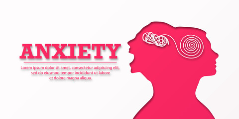ANXIETY. Banner with a silhouette of two faces. Psychological personality disorder concept. Mental destruction. The woman suffers from a psychological illness. Split personality. Psychology. - obrazy, fototapety, plakaty