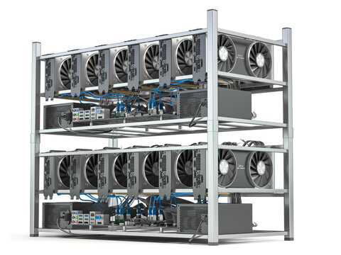 Mining farm from graphics cards GPU standing in a row isolated on white .