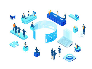 Naklejka premium Isometric environment design with lots of business people working in office, analizing data, solving problems, finding solutions. People working in server room 