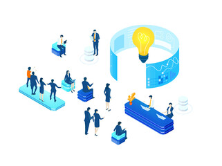 Isometric environment design with lots of business people working in office, analizing data, solving problems, finding solutions. People working in server room 