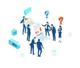 Isometric environment design with lots of business people working in data centre, achievement, goal, analysing and controlling idea