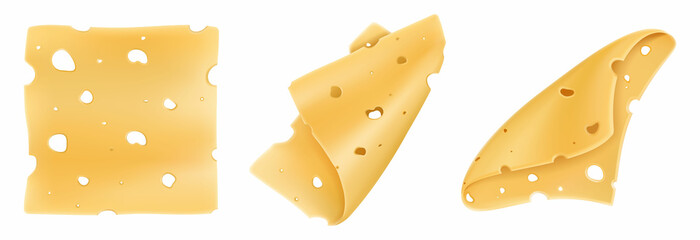 Cheese slices isolated on a white background. Pieces of hard cheese with holes. Realistic 3D vector illustration.
