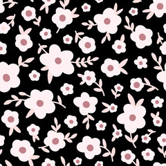 Ditsy Floral seamless pattern. Tiny wildflowers, pink meadow flowers, scattered daisies. Vintage Millefleur black vector background for fashion, nursery print, summer textile, fabric, packaging