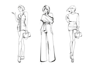 Young beautiful woman in stylish clothes. Sale concept. Hand-drawn fashion illustration