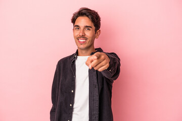 Young mixed race man isolated on white background cheerful smiles pointing to front.