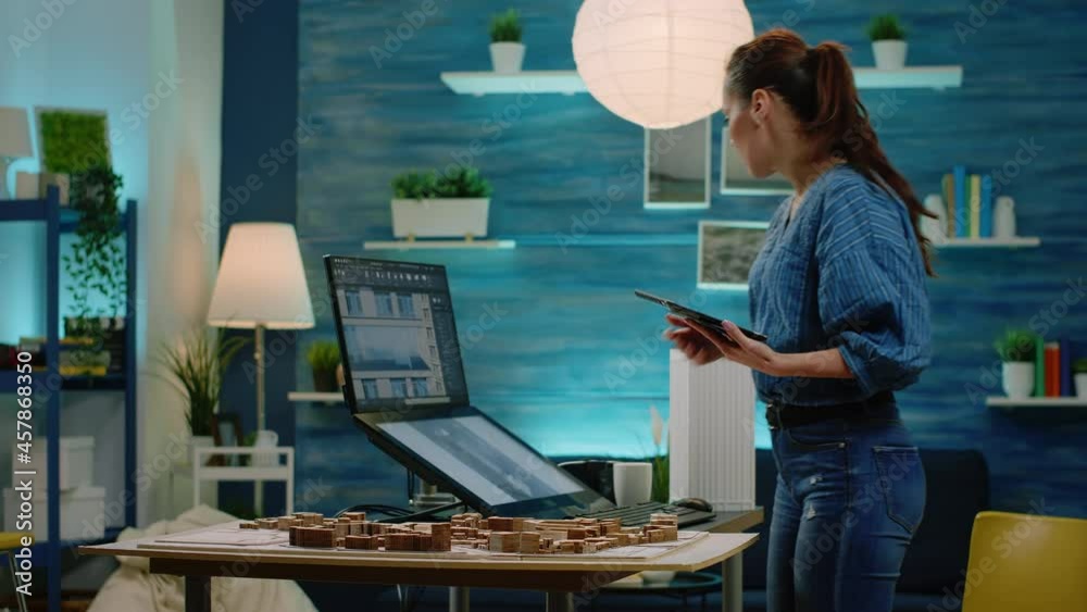 Poster woman architect analyzing building model on tablet and computer for construction development. engine