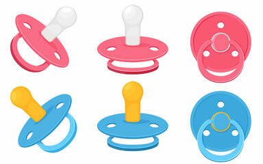 Set icons of pacifier baby dummy care nipple for newborn child , nipples dummies blue for boy and pink for girl in different view position isolated on white background. Vector illustration. - obrazy, fototapety, plakaty
