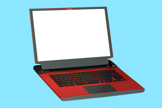 3d rendering of modern red gaming laptop with rgb lights isolated on yellow