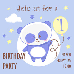 Cute blue baby boy panda, birthday invitation, one year, 1 year