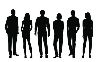 Vector silhouettes of  men and a women, a group of standing  business people, profile, black  color isolated on white background