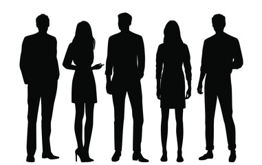 Vector silhouettes of  men and a women, a group of standing  business people, profile, black  color isolated on white background