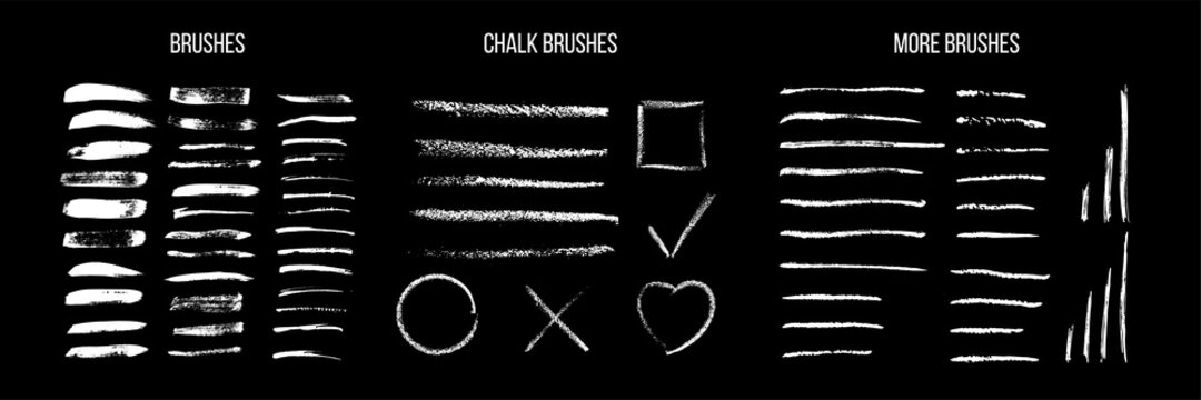White ink brush strokes vector set. Freehand dry brush lines, marker stripes. Grunge style geometric elements, circle, square, crosse and heart. Decorative chalk brushes isolated on black background.