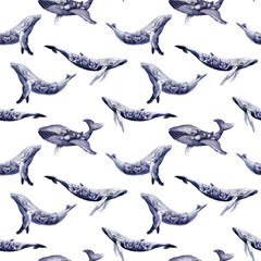 Fantastic whale with flowers. Watercolor whales pattern. Surialism in watercolor. Blue whales on white background.