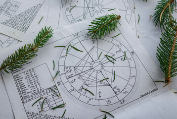 Printed astrology charts  with fir tree twigs and needles