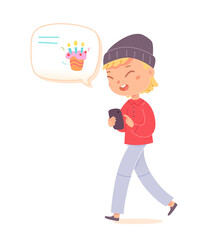 Kid holding mobile phone to receive online birthday message from contact in social media