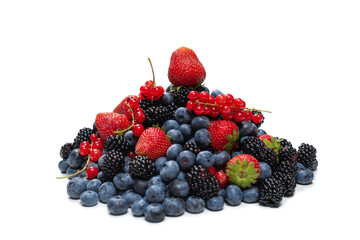 Blackberry, raspberry, blueberry,  red currant and mint background.