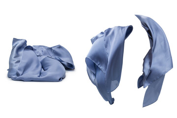 Flowing blue silk scarf isolated on white background.