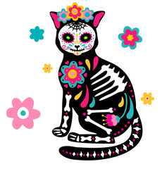 Day of the Dead, Dia de los muertos, animal skull and skeleton decorated with colorful Mexican elements and flowers. Fiesta, Halloween, holiday poster, party. Vector illustration