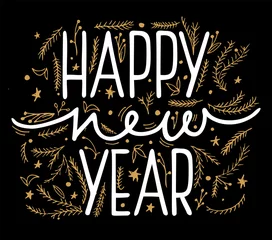 Foto op Plexiglas Happy New Year vector illustration for banner, flyer and greeting card. White lettering inscription on a black background. © EVGENIY