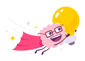 Vector Creative Illustration of Happy Pink Human Brain Character in Glasses Super Man on White Background. Flat Style Knowledge Concept Design of Happy Brain and Yellow Light Bulb Idea