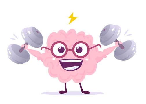 Vector Creative Illustration of Strong Pink Human Brain Character in Glasses on White Background. Flat Style Knowledge Concept Design of Emotional Brain Lifting Weight
