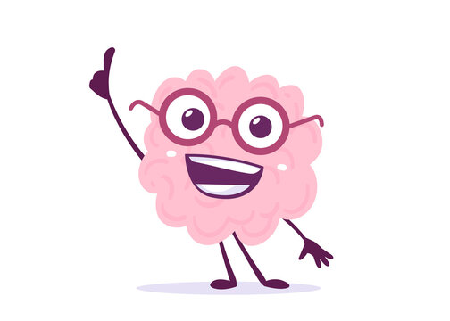 Vector Creative Illustration of Pink Human Brain Character in Glasses with Finger Point Up on White Background. Flat Doodle Style Knowledge Concept Design of Happy Brain