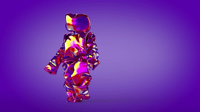 3d looping animation. Iridescent holographic mascot, inflatable toy dancing, isolated on violet background