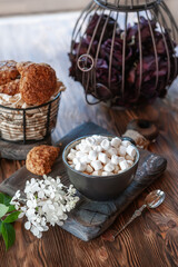 coffee with marshmallows. delicious drink made of cocoa or hot chocolate with marshmallows in a cup on a wooden table. Still life in a rustic style