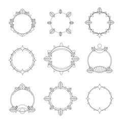 Set of 9 round frames. Geometric tamplate, border, wreath with floral elements. Decorative illustrations with editable lines.