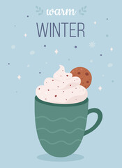 Merry Christmas, hello winter greeting card. Hot drink with ginger cookie. Vector illustration.