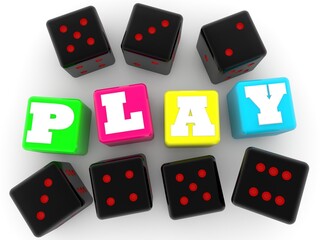 PLAY concept on colored toy blocks between black dice