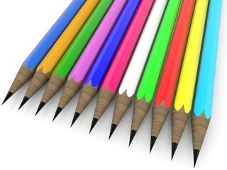 Pencils of different colors next to each other on a white background