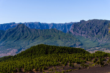 National Park of Caldera de Taburiente from Llano del Jable Astronomical Viewpoint. Volcano of San Juan and Cabeza de Vaca