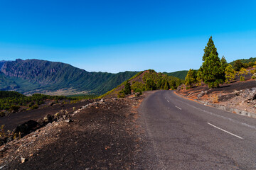 National Park of Caldera de Taburiente from Llano del Jable Astronomical Viewpoint. Volcano of San...