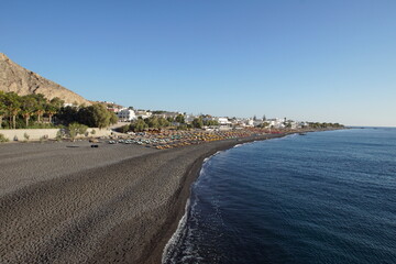 Daylight view of Kamari Beach, Santorini, Greece