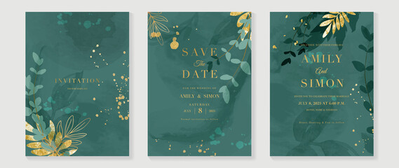Green luxury wedding invitation card background  with golden line art flower and botanical leaves, Organic shapes, Watercolor. Abstract art background vector design for wedding and vip cover template.